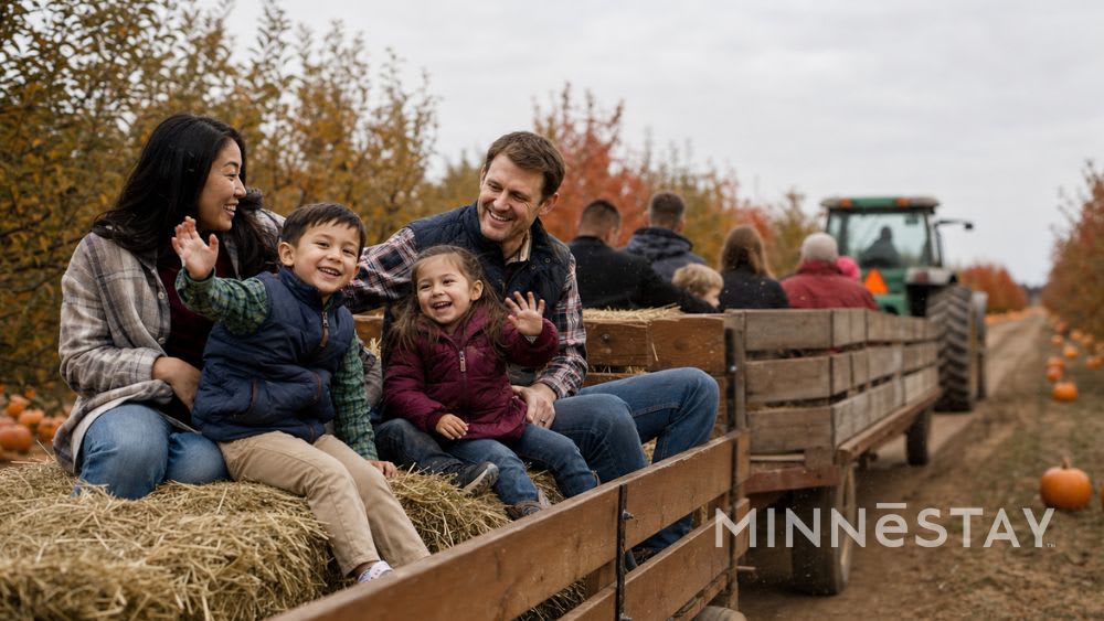 A family riding on a hay wagon through an orchard in autumn.