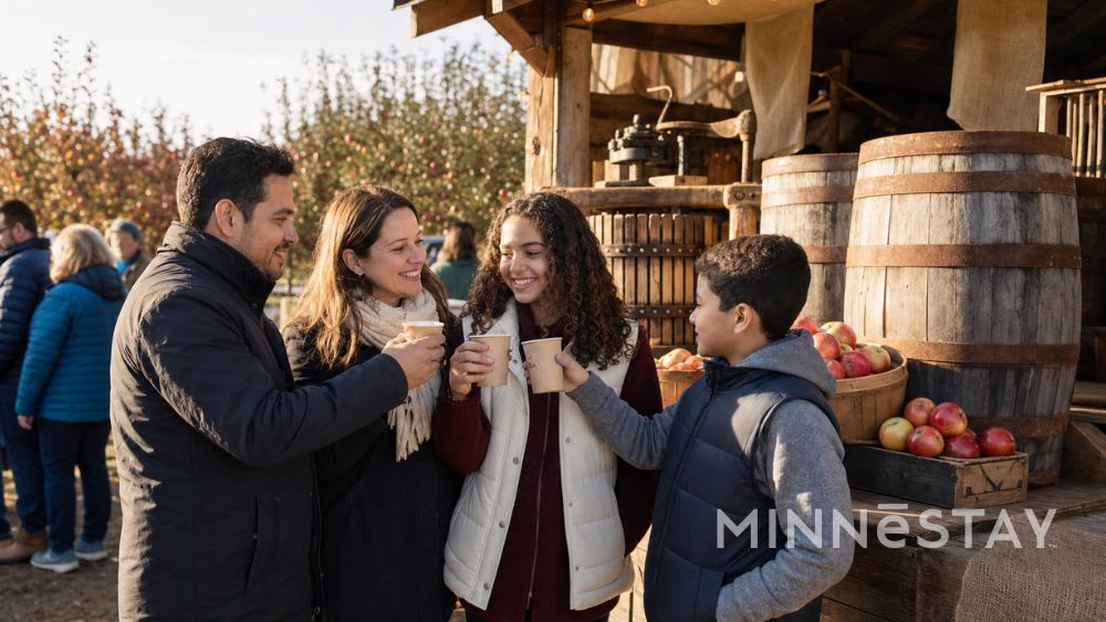 A family enjoying warm cider beside apples and wooden barrels at an orchard.