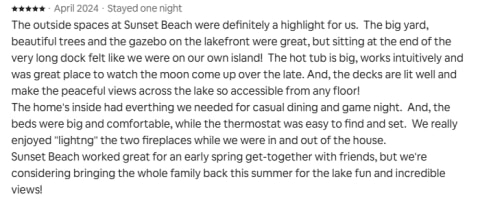 Review highlighting a stay at Sunset Beach, emphasizing the outdoor spaces and cozy interior.