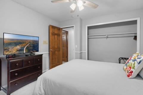 Cozy bedroom with a TV, dresser, and closet.
