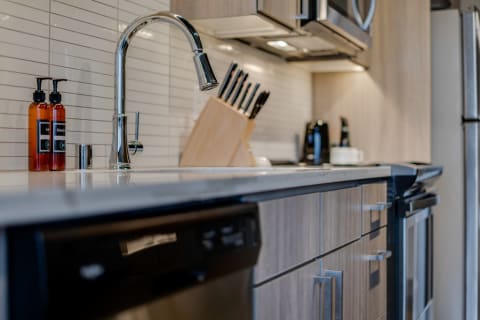 Modern kitchen with chrome faucet and wooden cabinetry, displaying kitchen essentials.